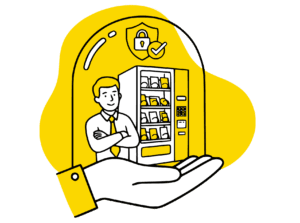 Ilustración en negro y amarillo para el concepto de cero riesgo: el vending a medida que ofrece Smart Quick implica cero riesgo para tu negocio