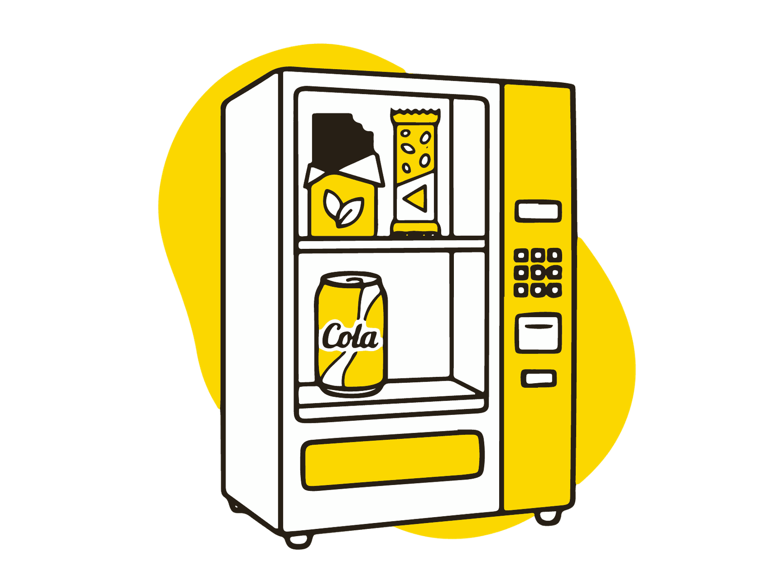 Ilustración en negro y amarillo que muestra un mix de productos corporativos para modelos de negocio de vending que se adaptan a cada entorno