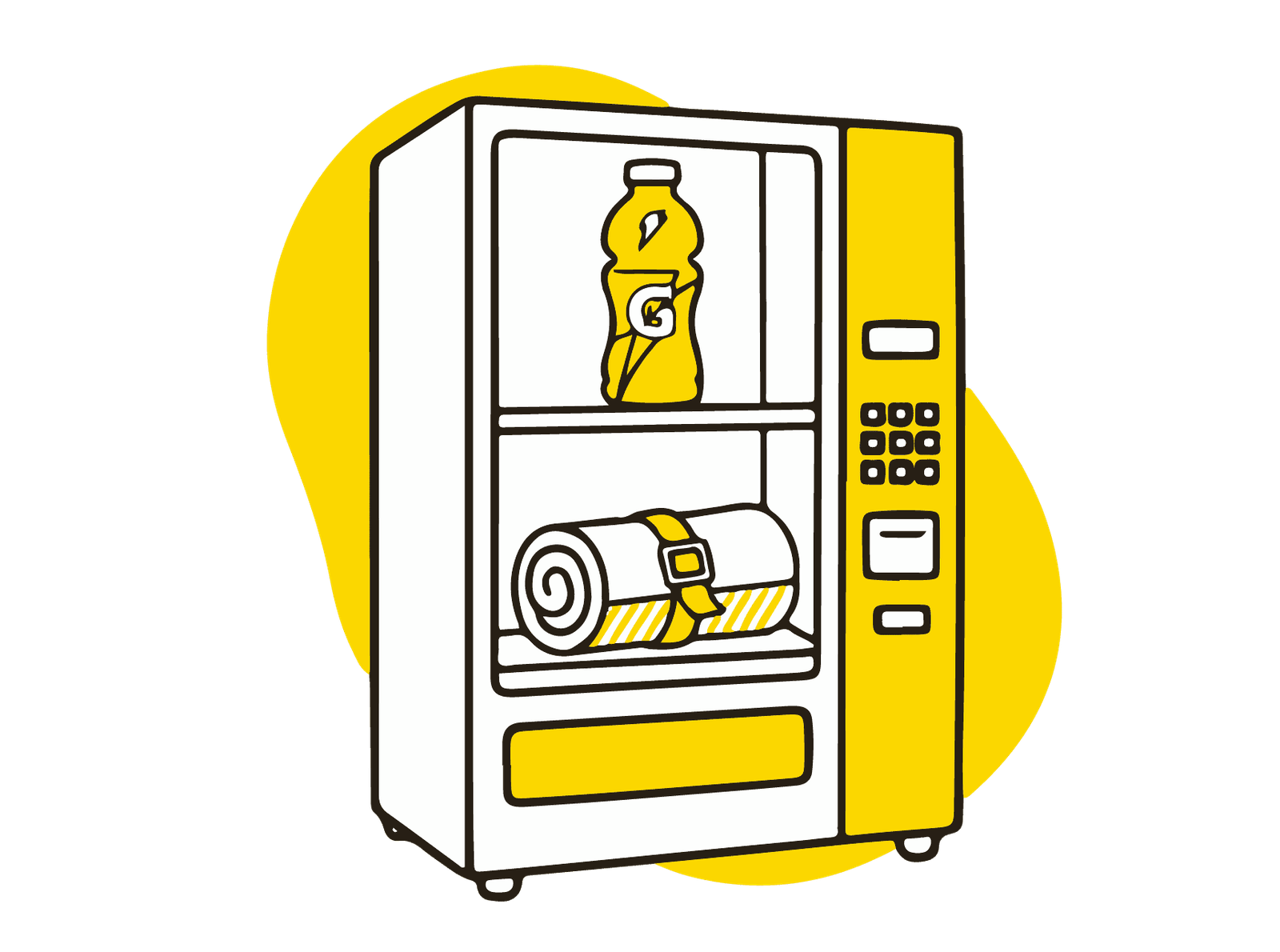 Ilustración en negro y amarillo que muestra un mix de productos deportivos para modelos de negocio de vending que se adaptan a cada entorno