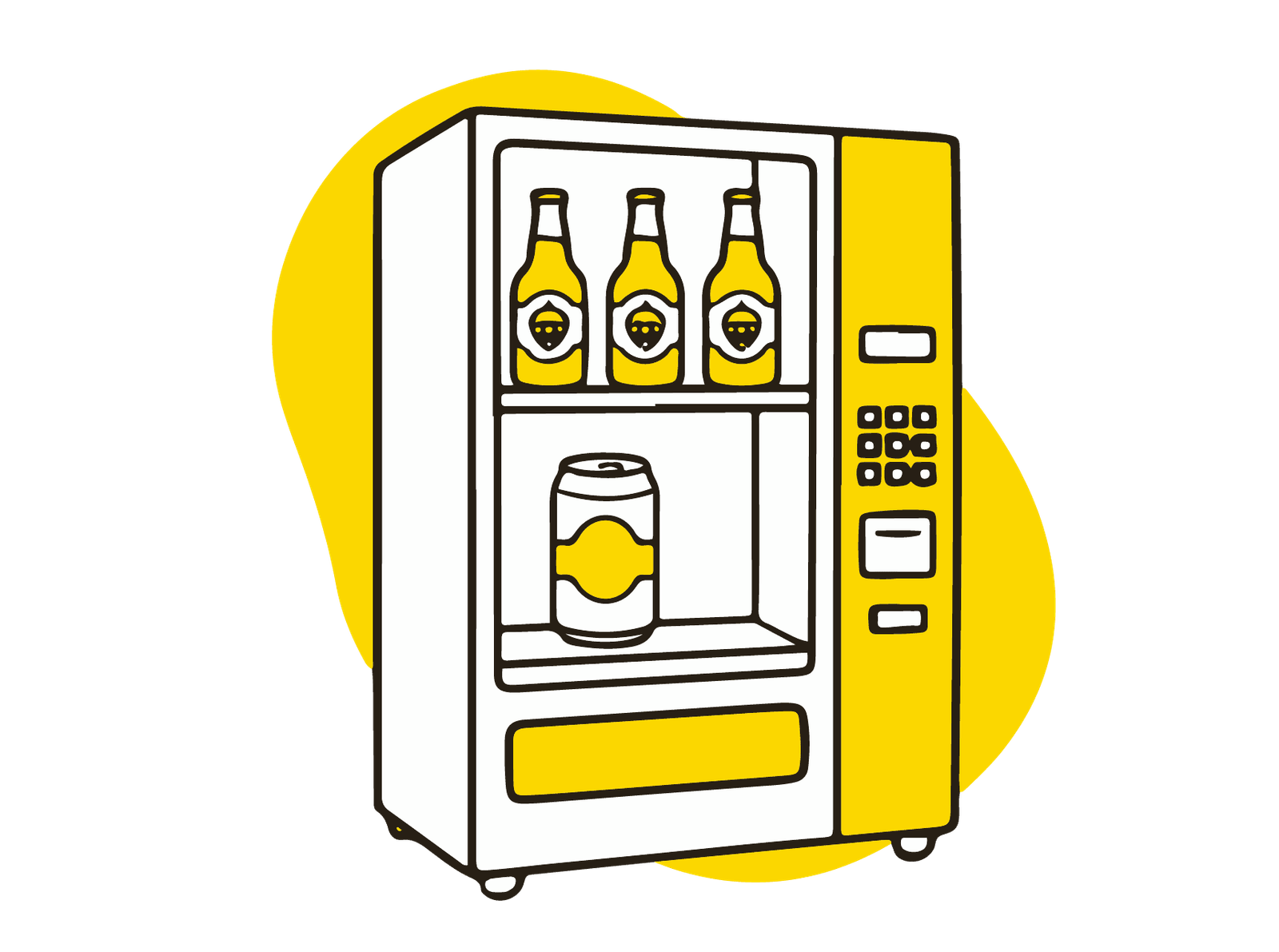 Ilustración en negro y amarillo que muestra un mix de productos de marca para modelos de negocio de vending que se adaptan a cada entorno