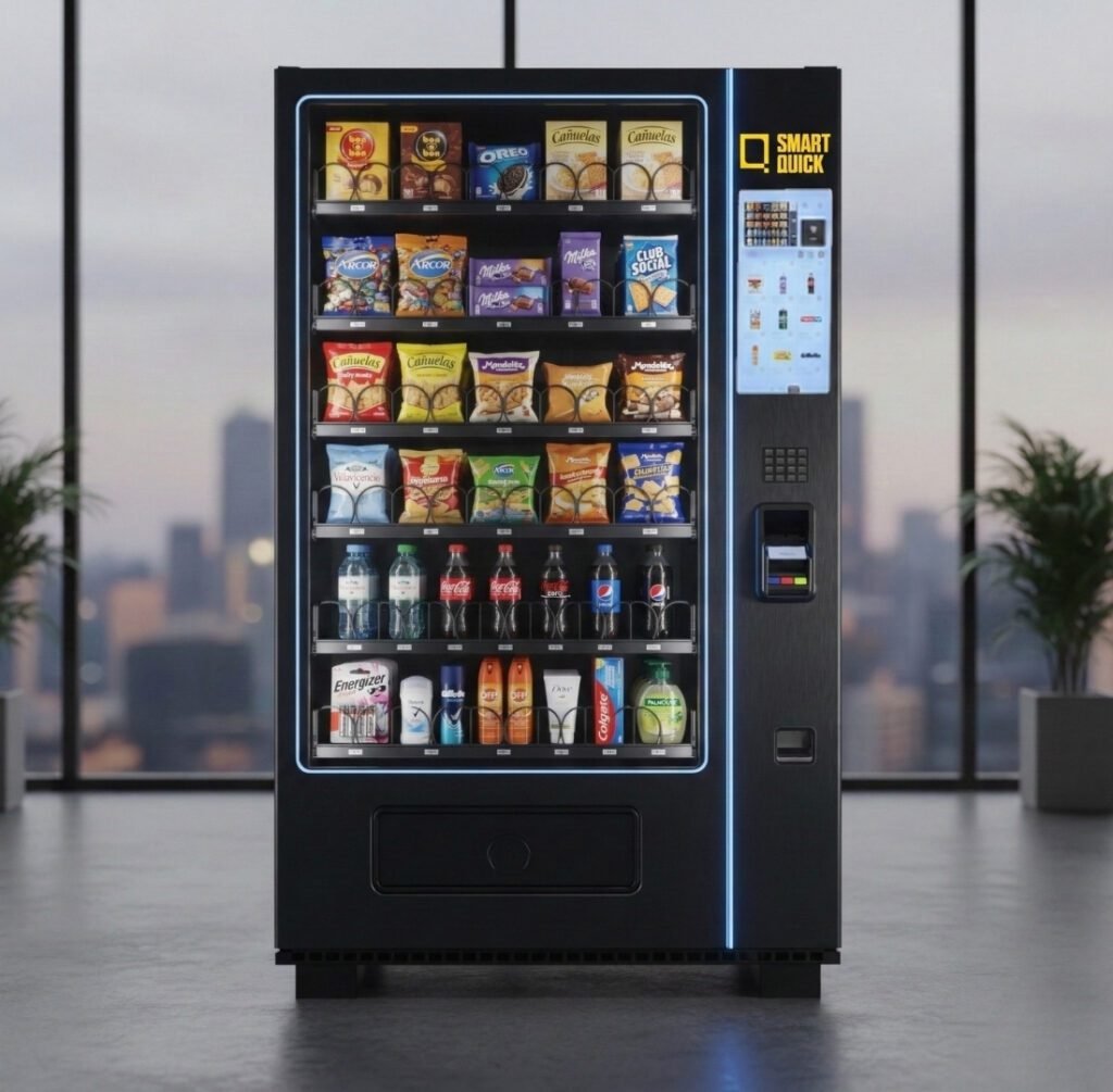 Fotografía de una máquina de vending de Smart Quick instalada en una oficina. Nuestras máquinas de vending sin inversión ni riesgos permiten generar ingresos adicionales, optimizar espacios y ofrecer un servicio diferencial