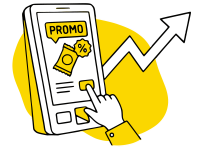 Ilustración en negro y amarillo para el ítem de servicio diferencial: cada máquina tiene una pantalla digital táctil que muestra productos, promociones y publicidades