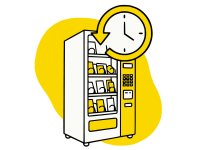 Ilustración en negro y amarillo que simboliza el acceso a productos las 24 horas. Soluciones de vending sin inversión ni riesgos. Vending a medida y adaptado a cada entorno