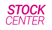 Logotipo de la empresa Stock Center con letras rosas sobre fondo blanco