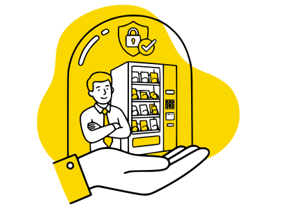 Ilustración en negro y amarillo para el concepto de cero riesgo: el vending a medida que ofrece Smart Quick implica cero riesgo para tu negocio