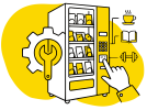 Ilustración en negro y amarillo para el ítem de personalización del servicio de vending: cada máquina permite definir un surtido específico según el sector y el tipo de consumidor