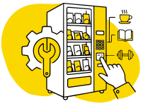 Ilustración en negro y amarillo para el ítem de personalización del servicio de vending: cada máquina permite definir un surtido específico según el sector y el tipo de consumidor