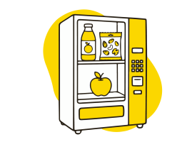 Ilustración en negro y amarillo que muestra un mix de productos saludable para modelos de negocio de vending que se adaptan a cada entorno