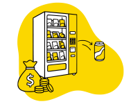 Ilustración en negro y amarillo para el concepto de cero empleados: Smart Quick ofrece un modelo de negocio que está disponible 24/7, adaptable, que optimiza los espacios y mejora la experiencia de consumo